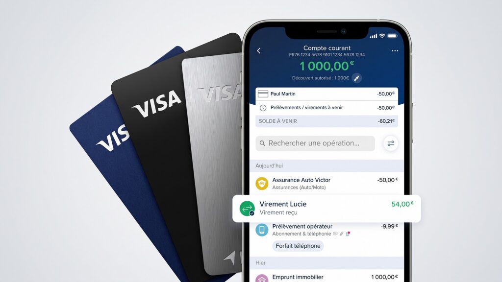 L’application BoursoBank affiche le détail d’un compte courant et ses dernières opérations, devant trois cartes Visa